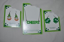 ST PATRICKS DAY 2 Pair GREEN SHAMROCK pierced earrings CHEERS NECKLACE NEW