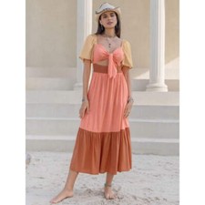 Color Block Tie Front Smocked Midi Dress