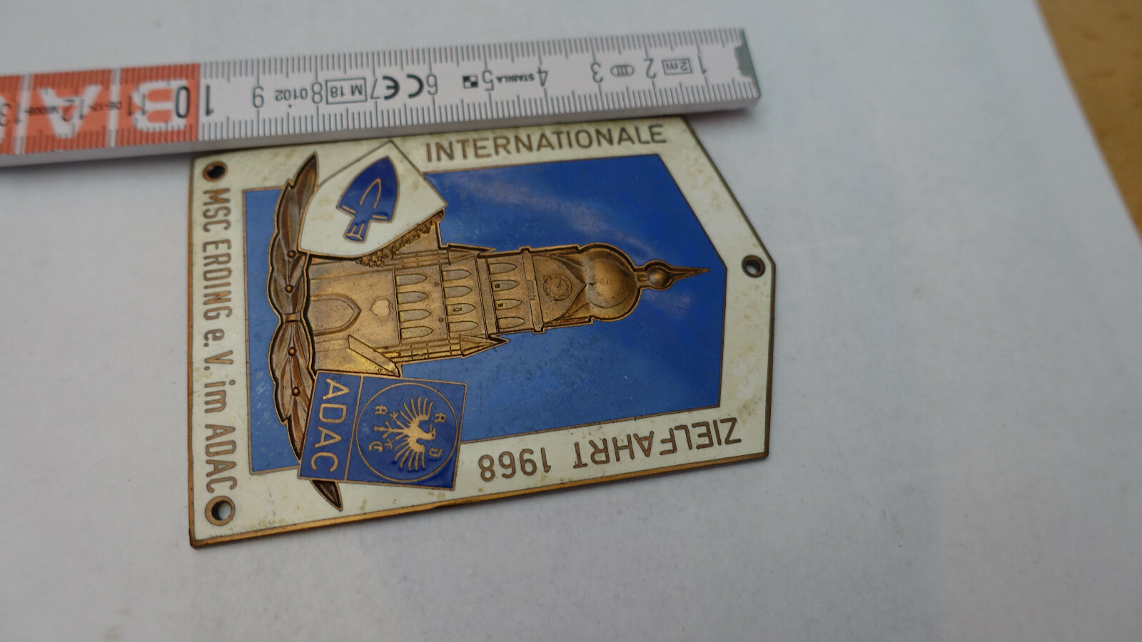 NICE VINTAGE ENAMEL AUTOMOBILE RADIATOR CAR BADGE # ADAC TOUR D'EUROPE 1985