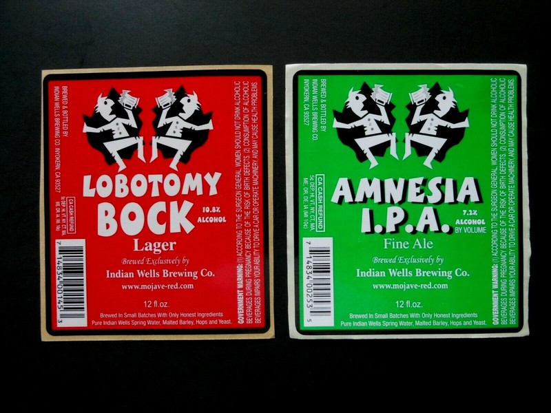 2 BEER LABELS LOBOTOMY BOCK LAGER & AMNESIA I.P.A. INDIAN WELLS BREWING CO. CA 