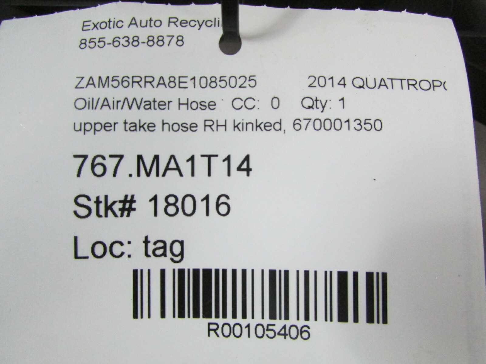2014 Maserati Quattroporte, Upper Air Intake Hose, Used, P/N 670001350