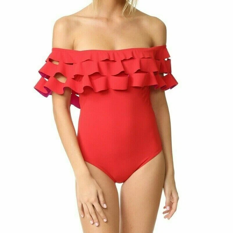 Damen Rüsche Monokini Bademode Schulterfrei Einteiler-Badeanzug Badeanzug - Bild 2 von 4