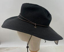 Sun N Sand Headwear Hat Womens Black SPF 50 Leather Ribbon Beachy Floppy Sun