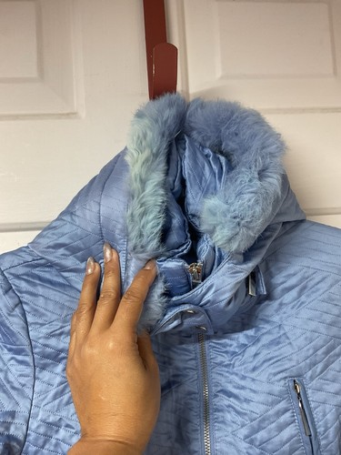 Bebe 2000s Y2K Jacket Bomber Puffer Down Cropped Baby Blue Rabbit Fur Size Xs - Picture 5 of 14