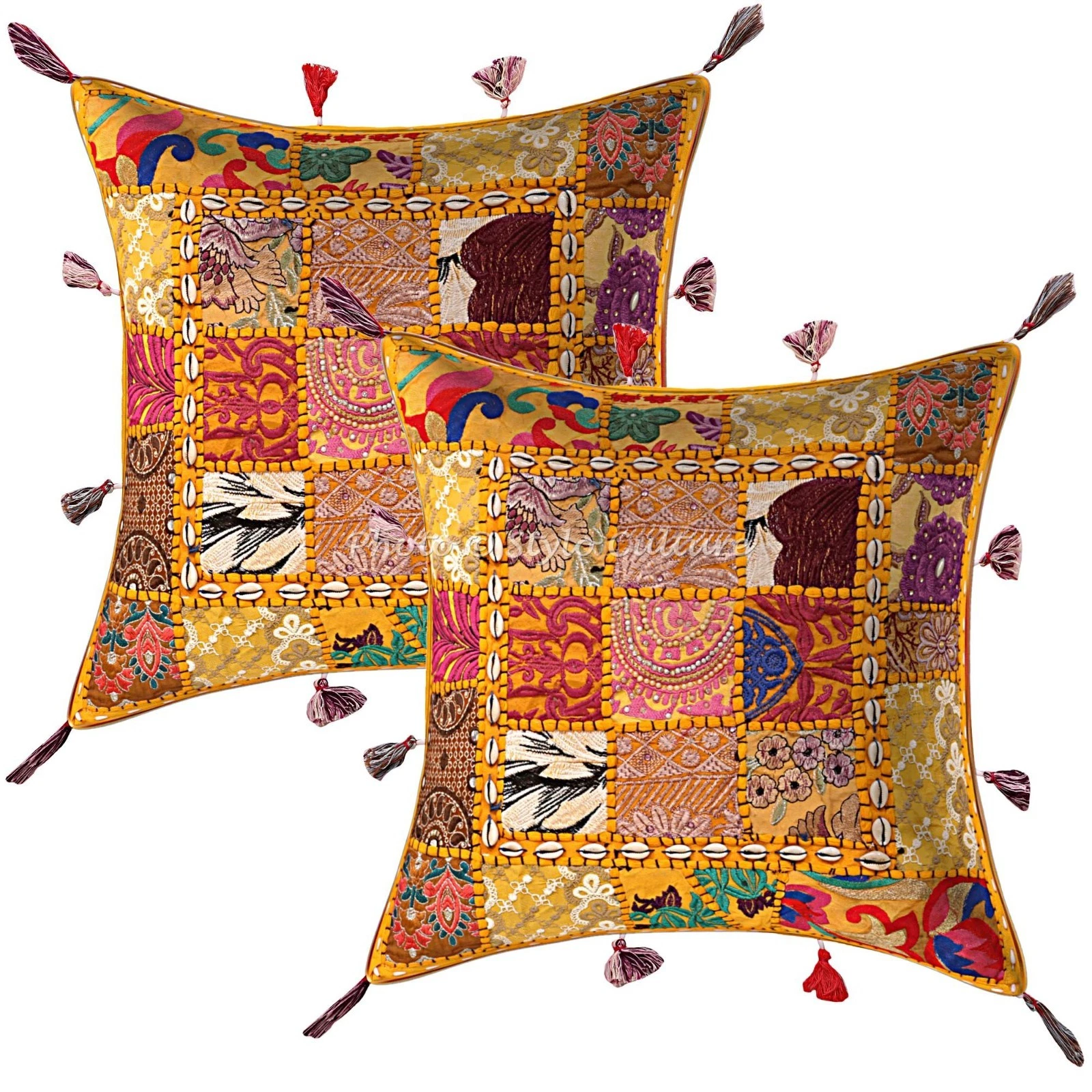 Indian Cotton Throw Pillow Covers Patchwork Cowry Tassels Yellow Floral 43x43 cm