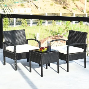 3PCS Patio Rattan Furniture Set Table & Chairs Set with Seat Cushions Garden