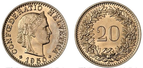 1950-B Switzerland 20 Rappen- NGC MS64, KM29a - Bern Mint