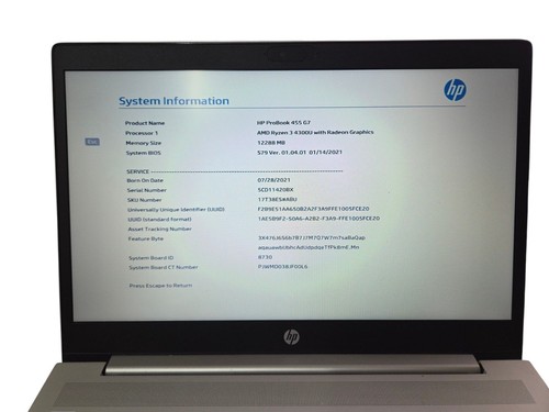HP ProBook 455 G7 Motherboard Board AMD Ryzen 3 4300U DA0X9MMB8F0 & 256GB SSD - Afbeelding 8 van 8