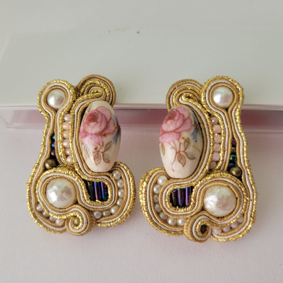 Fabric and Ceramic Clip-on earrings Hand Sewn Hand Crafted Dori Csengeri?
