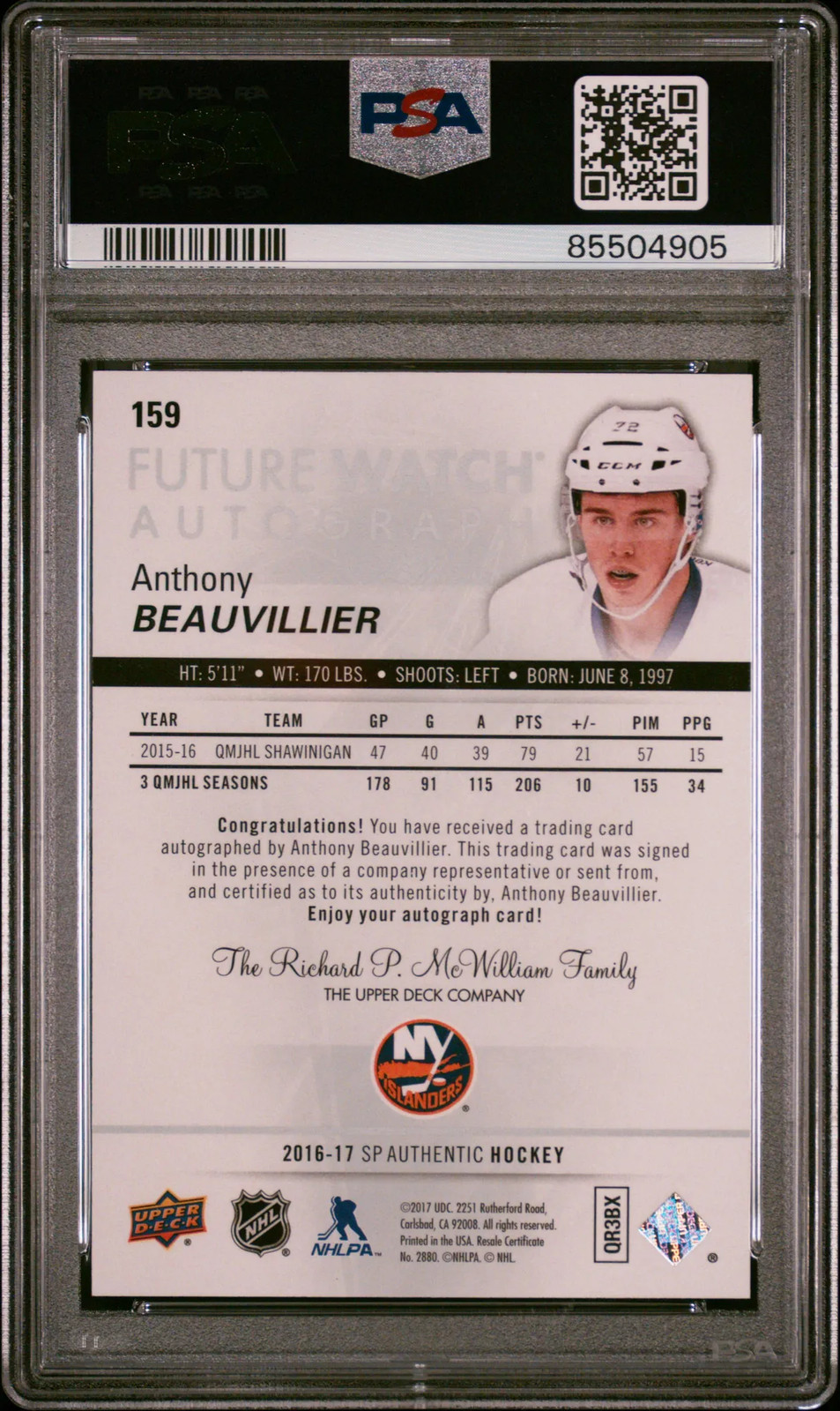 2016-17 SP Authentic Anthony Beauvillier #159 Future Watch Auto RC /999 PSA 10 view 2
