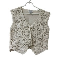 Margules Vtg Womens Sz Medium Cream White Crochet Knit Sweater Vest Boho Cottage