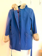 Vintage Bonders Made in USA Blue & Purple Hooded Coat -S- Faux Fur Hood & Cuffs