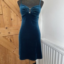 Blue Velvet Dress Y2K Vintage Diamanté Teal Strappy Retro UK10 Jump Apparel