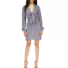 Michael Kors Navy Stripe Tie Front Long Sleeve V-Neck Mini Shirt Dress 10/M NWT
