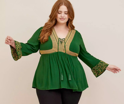 NWT TORRID House of the Dragon Babydoll Crinkle Gauze Embroidered Blouse Size 2