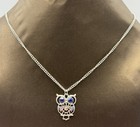 Owl Pendant Necklace — Silver Tone Multicolour Detail & Blue Eyes