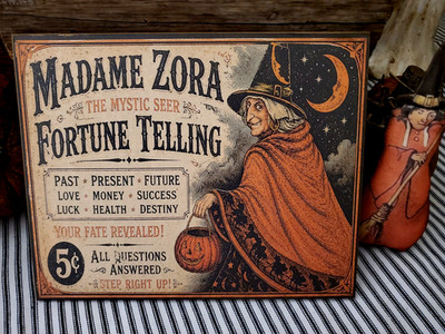 MADAME ZORA 5 CENT FORTUNE WITCH PRIMITIVE RETRO VINTAGE STYLE HALLOWEEN SIGN