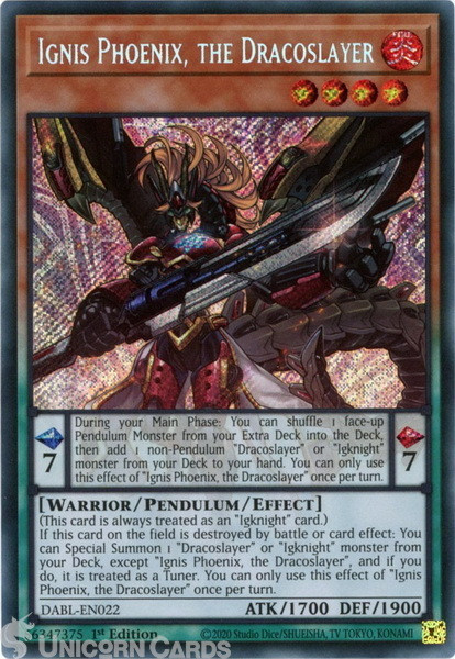 DABL-EN022 Ignis Phoenix, the Dracoslayer :: Secret Rare 1st Edition Mint YuGiOh
