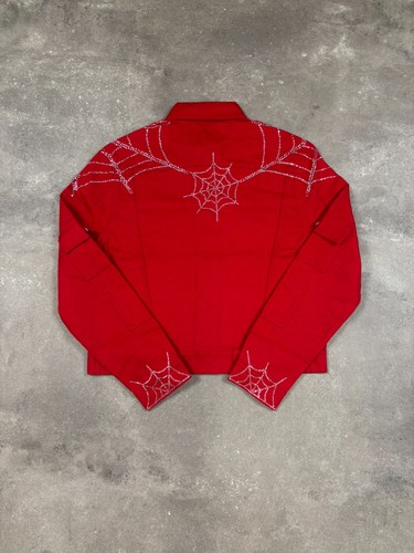 Sp5der Web Rhinestone Denim Cropped Trucker Jacket Red - 第 2/14 張圖片