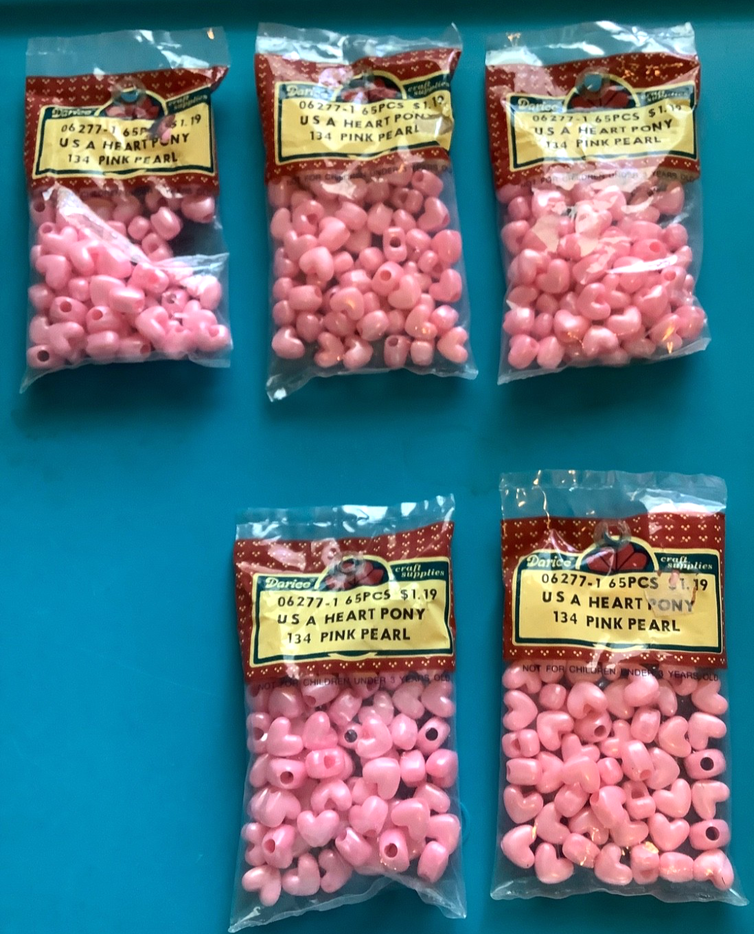 Darcie vintage pink pearl heart pony beads lot of 325 pieces USA new in package