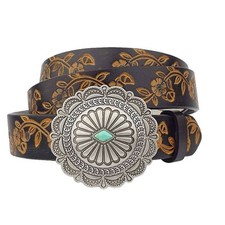 Western Buckle Belt - Hand Painted Tooled Leather with Stone Accent Black M/L