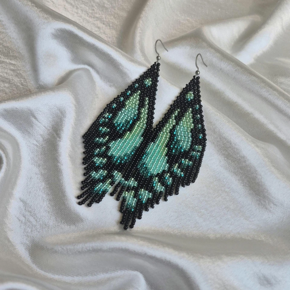 Green Butterfly Wings Boho Handmade Beaded Fringe Earrings - Image 4 of 4