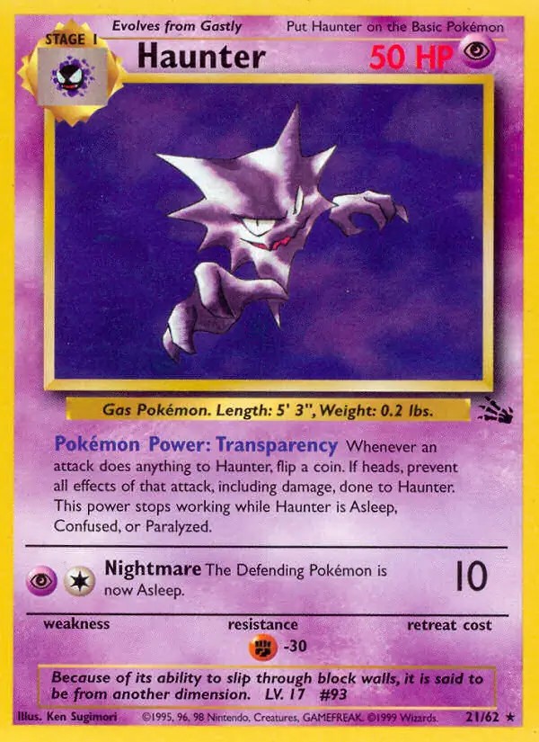 Haunter - 21/62 - Pokemon Fossil Unlimited Rare Card WOTC NM