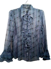 CAbi Style #811 Penelope Sheer Plaid Ruffle Blouse Women XL Blue Long Sleeve