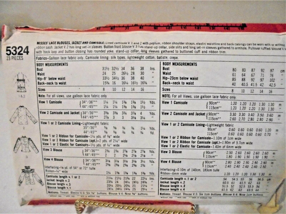 Simplicity Vintage Pattern-#5324-Size 10 Misses Lace Blouse, Jacket, Camisole - Image 3 of 3