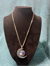 Crescent Pendant Necklace Gemstone Silver Half Moon Red/Pink/Blue New