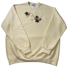 Vintage Crewneck Sweatshirt Large Cottagecore Embroidered Maple Leaves Fall