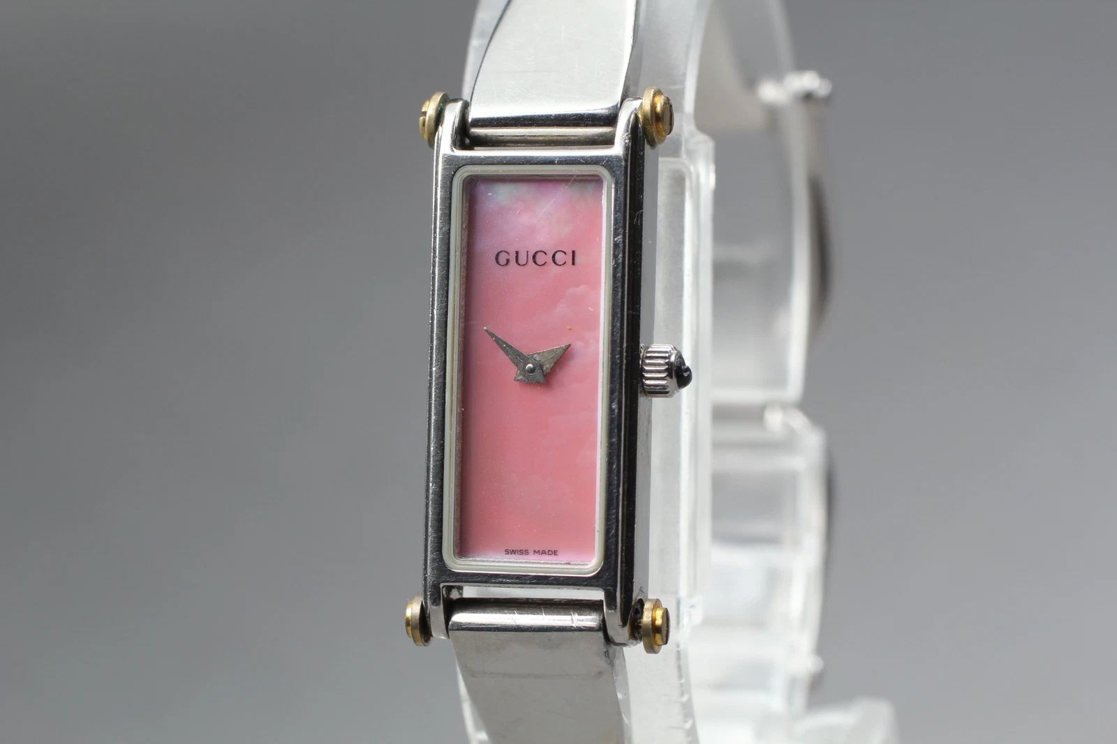 [Exc+4] Montre femme vintage GUCCI 1500L coquille rose quartz argent du JAPON