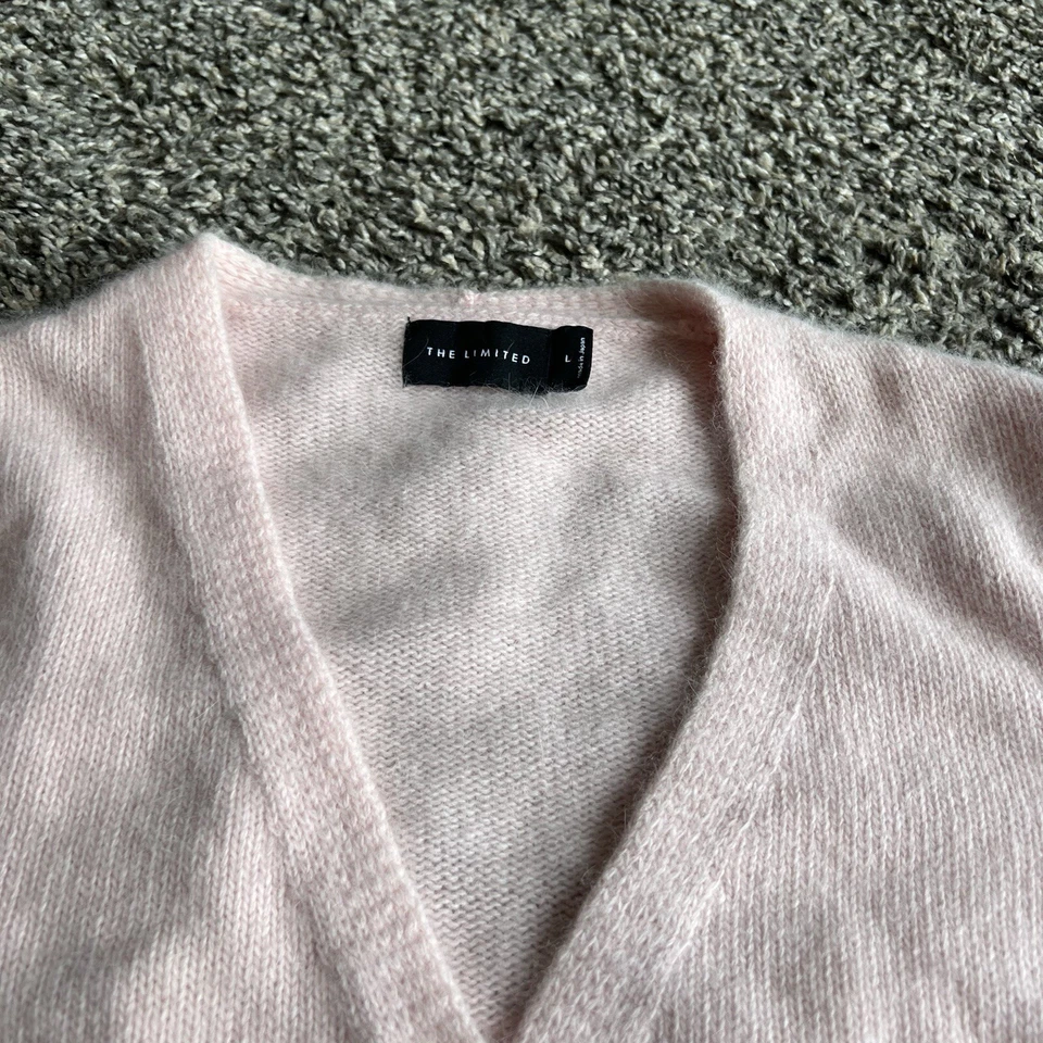 Suéter THE LIMITED Lana de Cordero Mezcla Angora Talla L Bebé Rosa Y2K Años 90 Cuello en V De Colección Foto 3 de 4