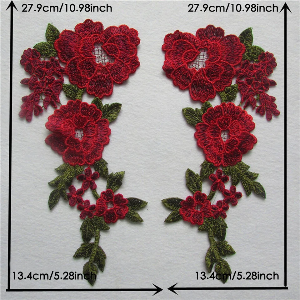 1 Pair Red Flower Embroidery Hollow Patches Collar Applique Clothing Sewing DIY - Image 2 of 4