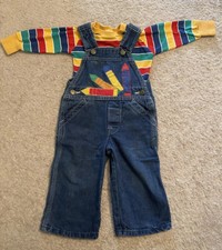 1980  s Denim Overalls Pencils Appliqu  Primary Colors w Stripe Top - Size 24M