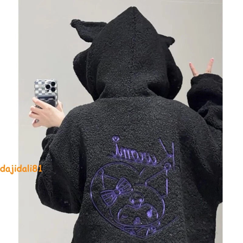 Kuromi Devil Black Fleece Hooded Zipper Jacket Girl Sweatshirt Causual Coat Tops - Image 4 of 4