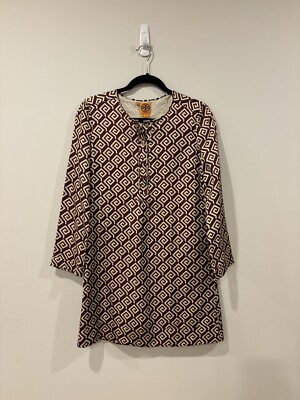 Tory Burch 100% Silk Long Sleeve Geometric Pattern Tunic Dress Women's size 