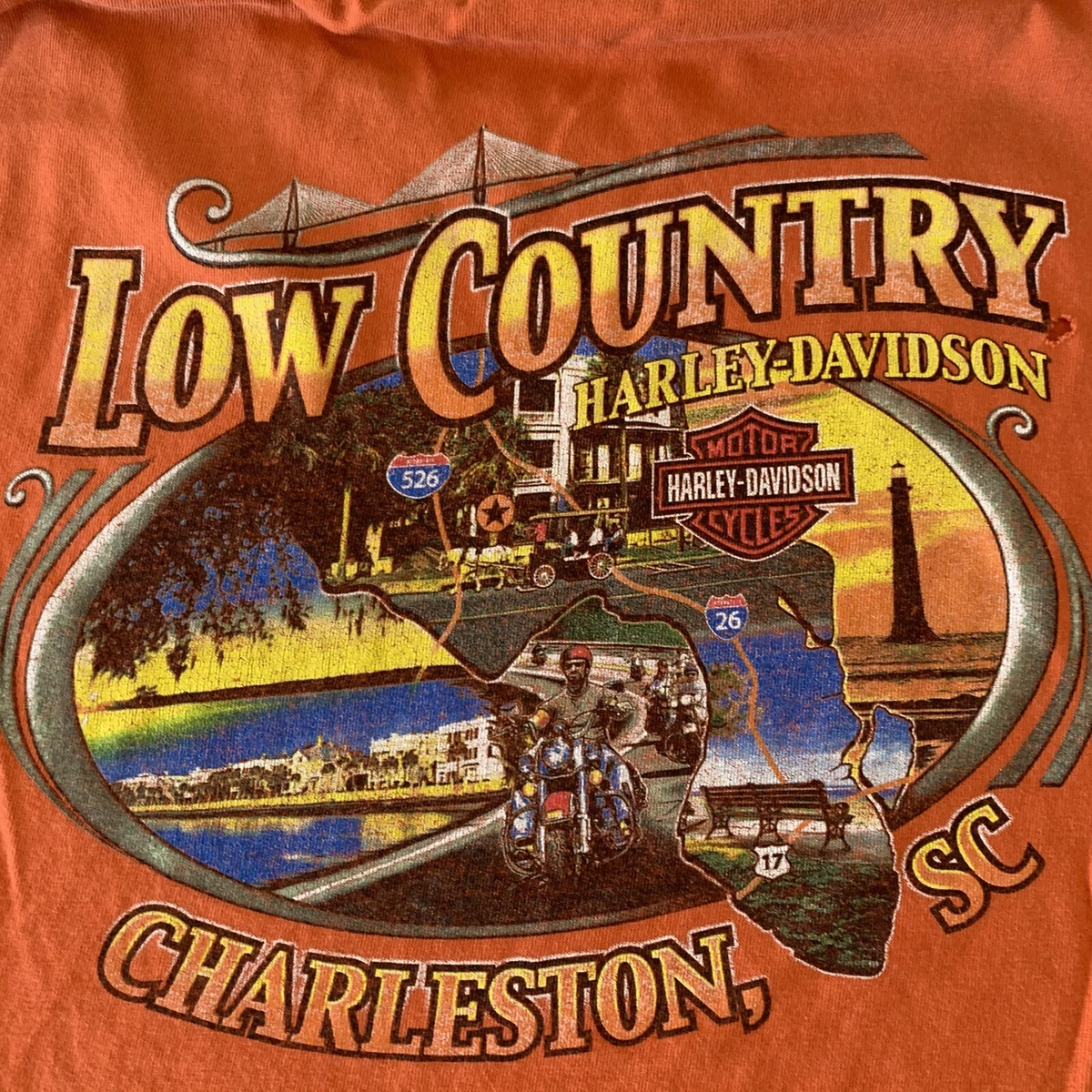 Harley Davidson Low Country Orange Men Size XL T Shirt Charleston