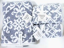 COMMON THREAD GRAYISH BLUE,WHITE SWIRL PATTERN BAMBOO COTTON SET OF 2 HAND TOWEL
