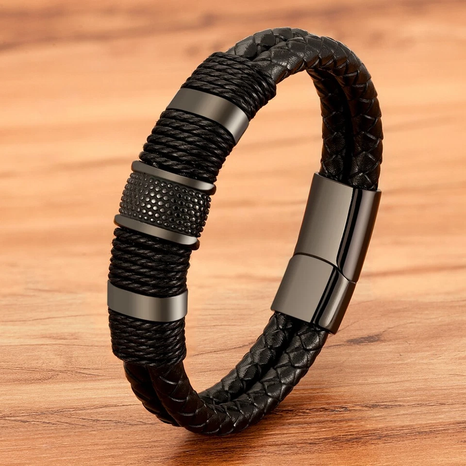 Pulsera clásica de cuero de acero inoxidable estilo envoltura cuerda tejido para hombre Foto 2 de 4