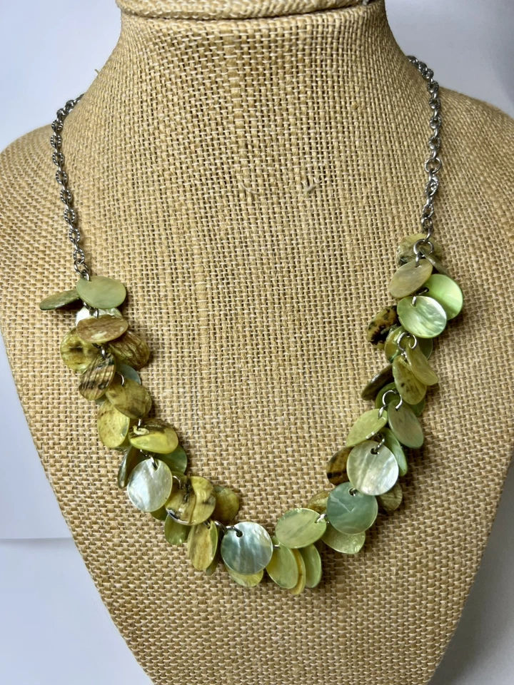 Collar Babero Disco Concha Verde Tono Plata Ajustable Boho Playa Joyería 25p Foto 2 de 4