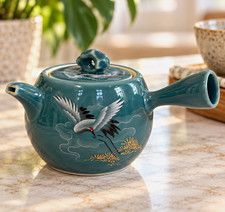 1980s Japanese Style Crane Kyusu Side Handle Teapot Teal Blue Ceramic Gold Pine