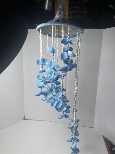 Seashell Windchime Tall Blue  And White Painted Seashells 30” Length Rattan Hat