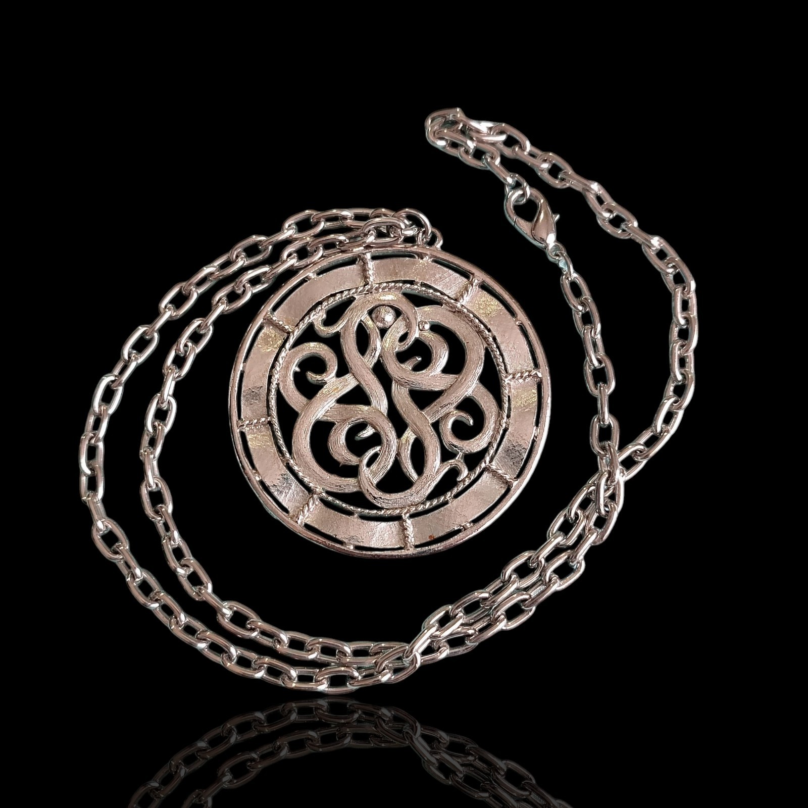 Large Scrollwork Medallion Retro Silver Tone Neck… - image 1