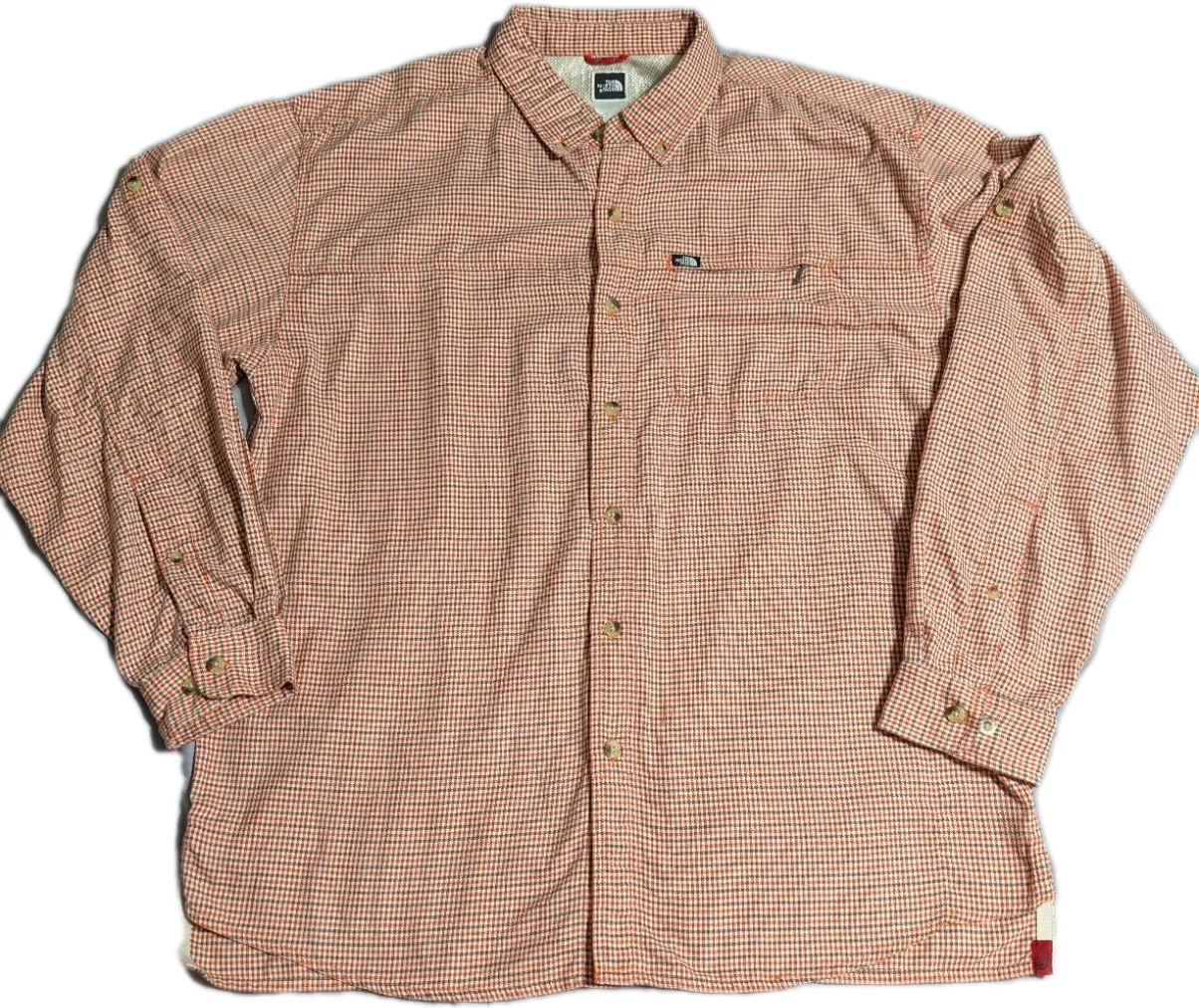 The North Face Button Down Fishing Shirt Mens L Orange Check Roll Tab Sleeve