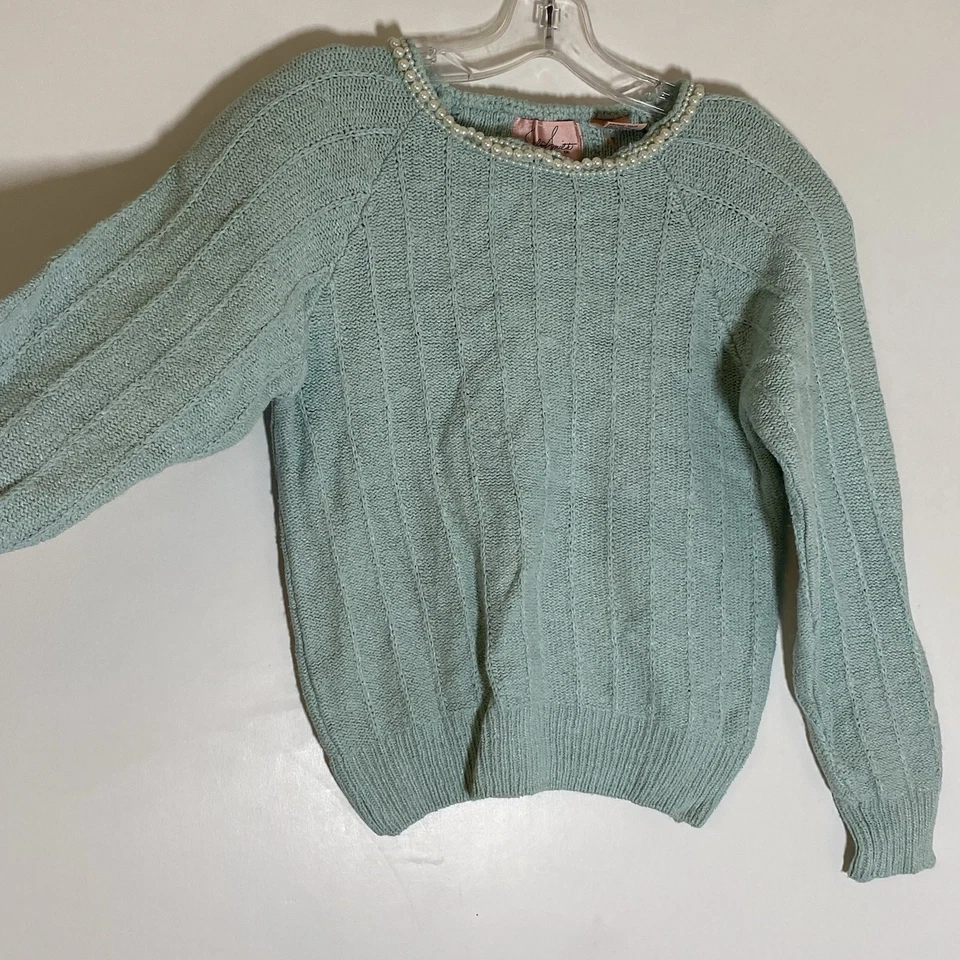 Suéter Vintage Jaclyn Smith Mujer Pequeño Antiguo Azul Corea Mezcla Seda Perla Foto 4 de 4