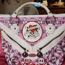 Ed Hardy Pink Skull Tote Bag Studded Rhinestone Logo Zip Women's Casual Biker