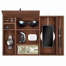 Brown Faux Leather 8-Compartment Valet Tray EDC Desk Organizer with Lid