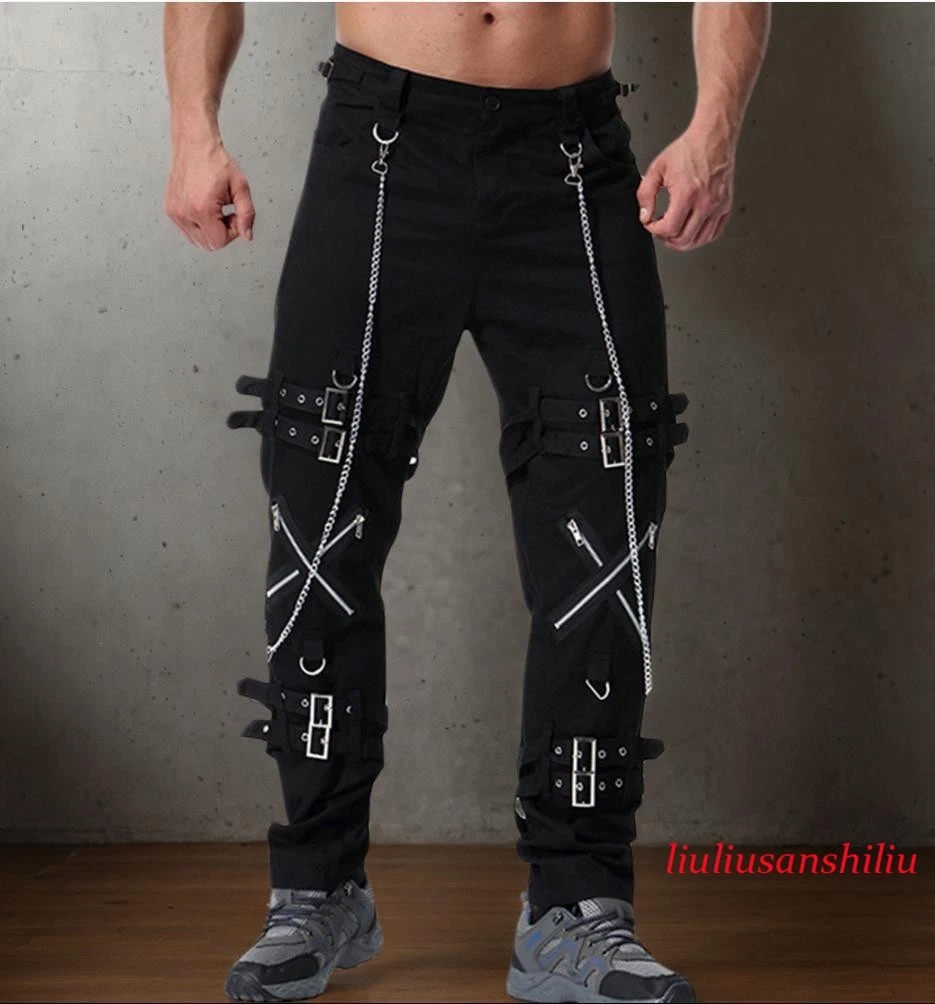 Men's Black Cotton Straight Leg Buckle Gothic Hip Hop Pants Trousers Motorcycle