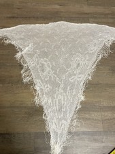 Vintage lace shawl with long fringes, triangular white scarf, Evening Flowers